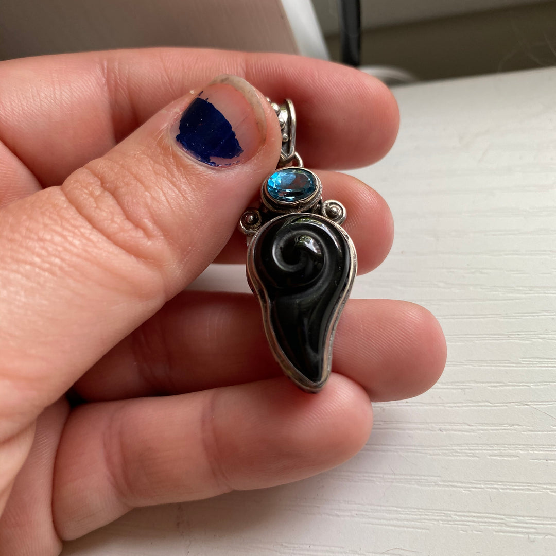 Onyx and Blue Topaz Sterling Silver Pendant