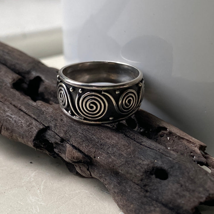 sterling silver wide band swirl ring
