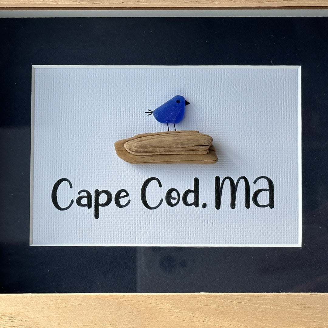 Cape Cod Sea Glass Bird on Driftwood Picture Pebble Art