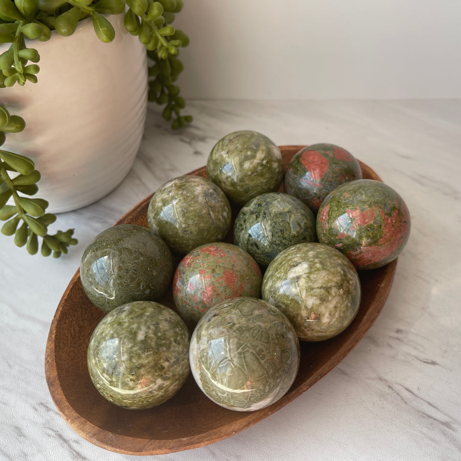 unakite stone crystal sphere on stand