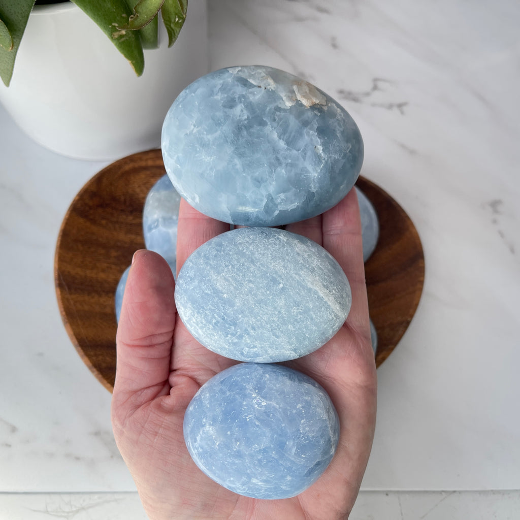 blue calcite stone crystal palm worry stone