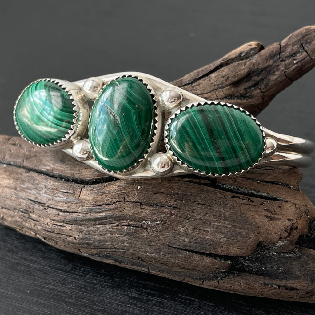 sterling silver malachite cuff bracelet Navajo artist Pat Yazzie
