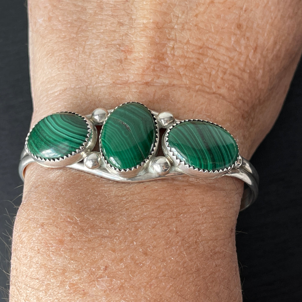 sterling silver malachite cuff bracelet Navajo artist Pat Yazzie
