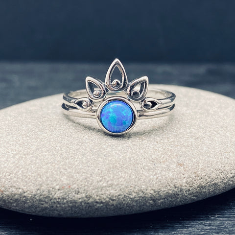 Sterling Silver Blue Opal and Crown Stacking Ring Set