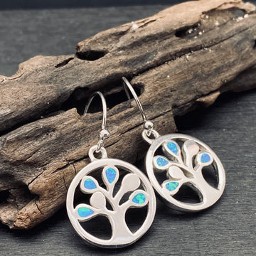 sterling silver blue opal tree of life earrings