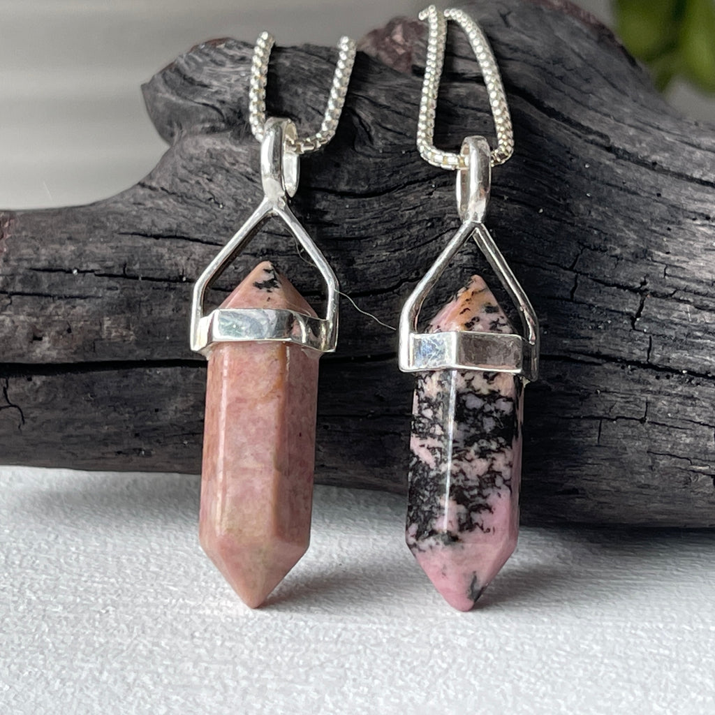 rhodonite stone crystal point necklace