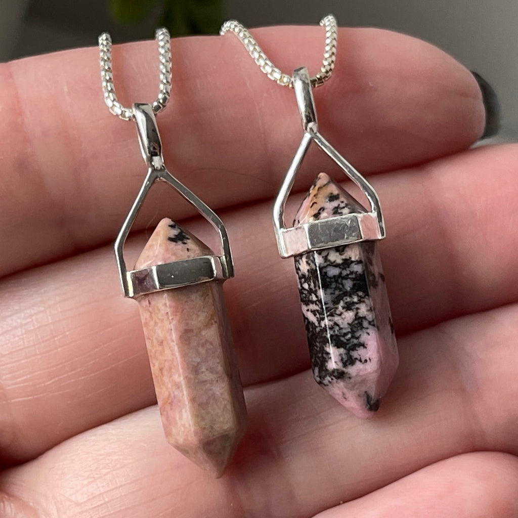 rhodonite stone crystal point necklace