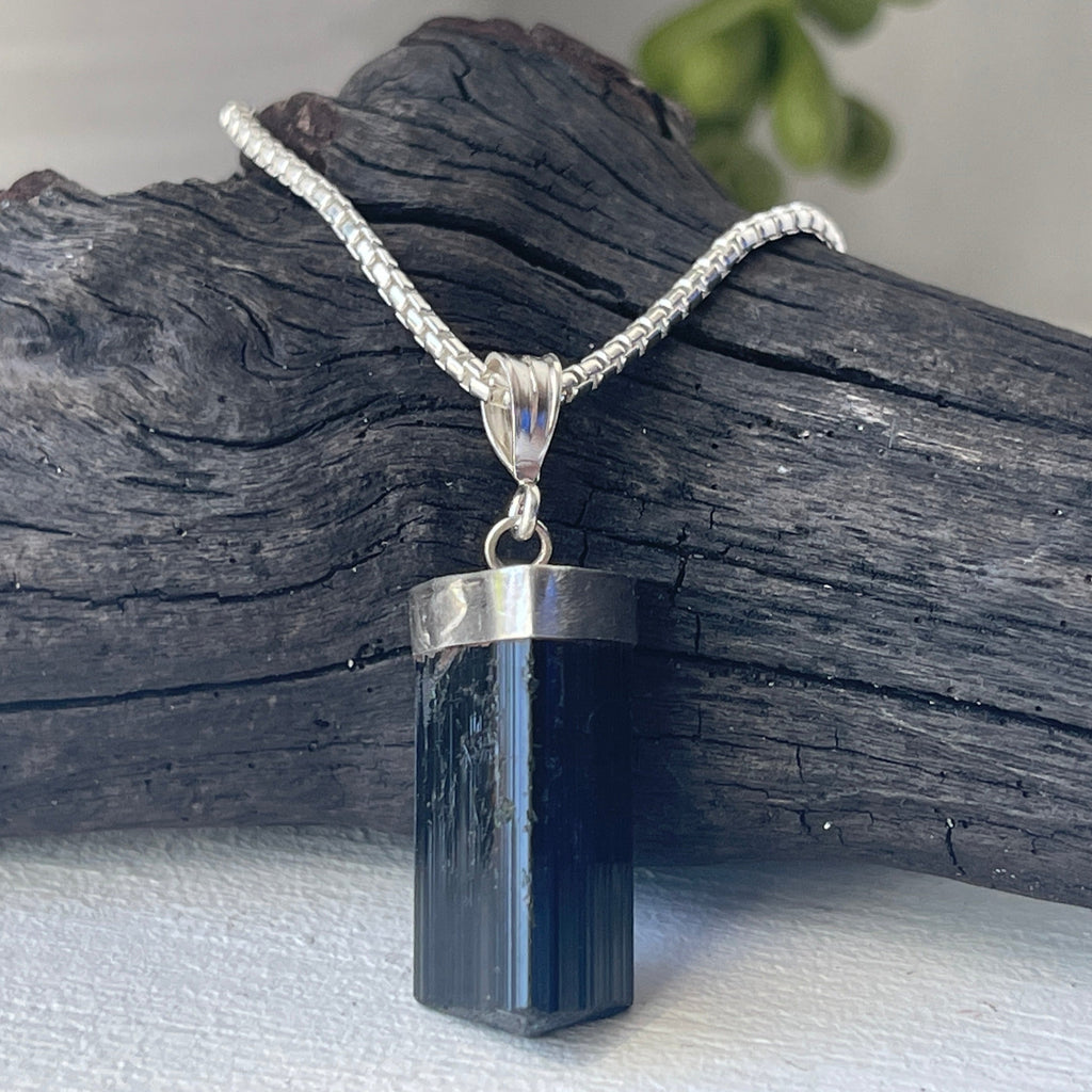 sterling silver black tourmaline raw crystal stone pendant necklace