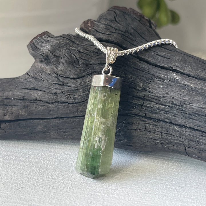sterling silver tourmaline raw green pendant crystal necklace