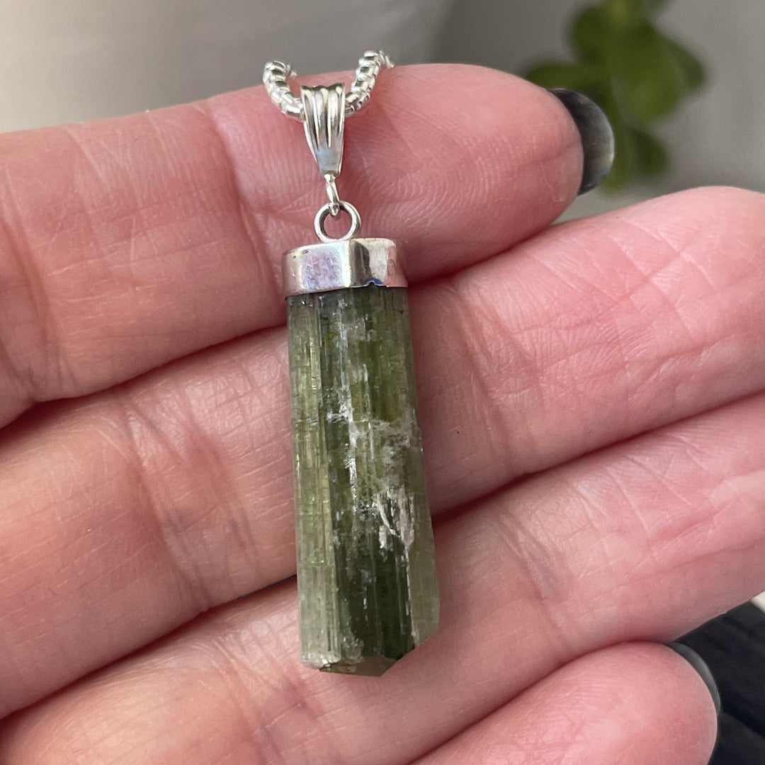 sterling silver tourmaline raw green pendant crystal necklace