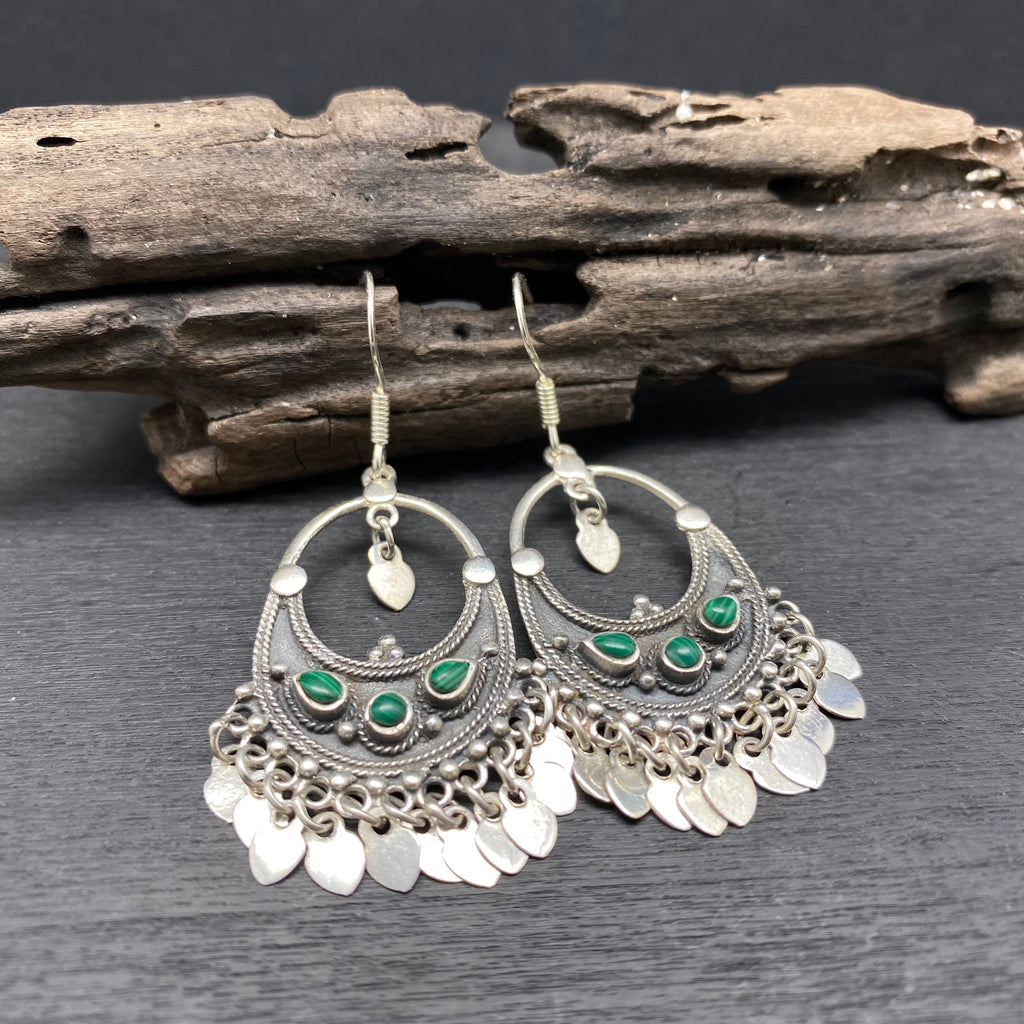 sterling silver malachite fringe earrings