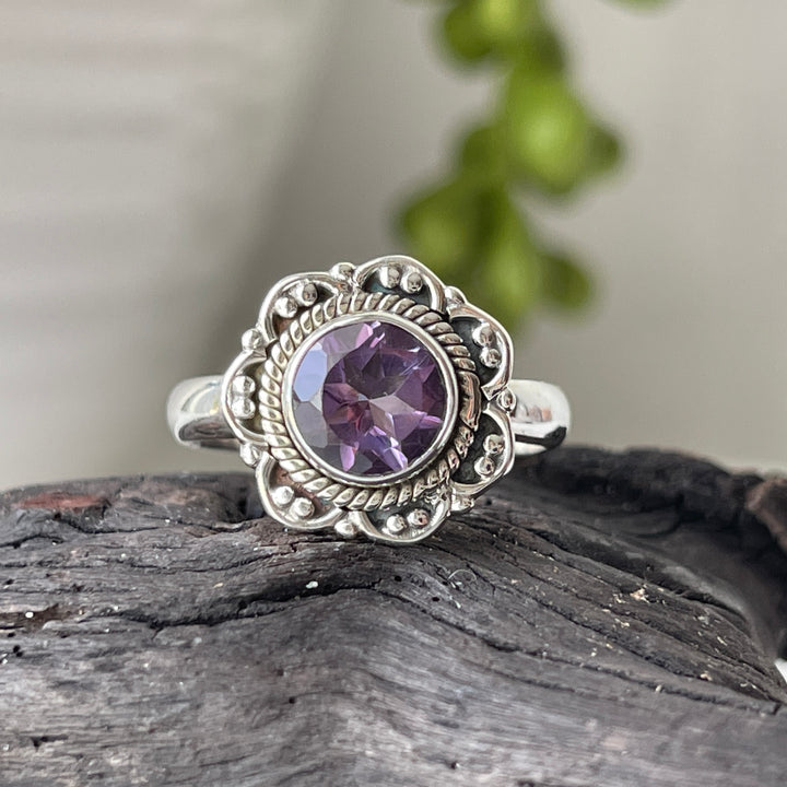 sterling silver Amethyst crystal stone flower ring