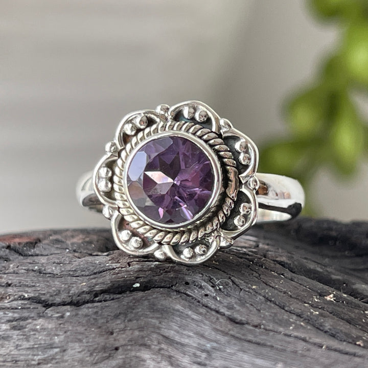 sterling silver ametyst crystal stone flower ring