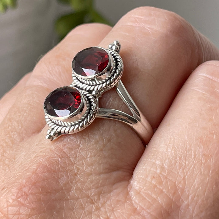 garnet sterling silver faceted two stone ring