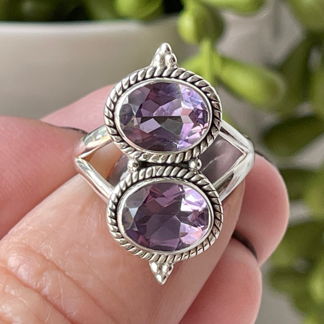 sterling silver amethyst crystal stone faceted ring