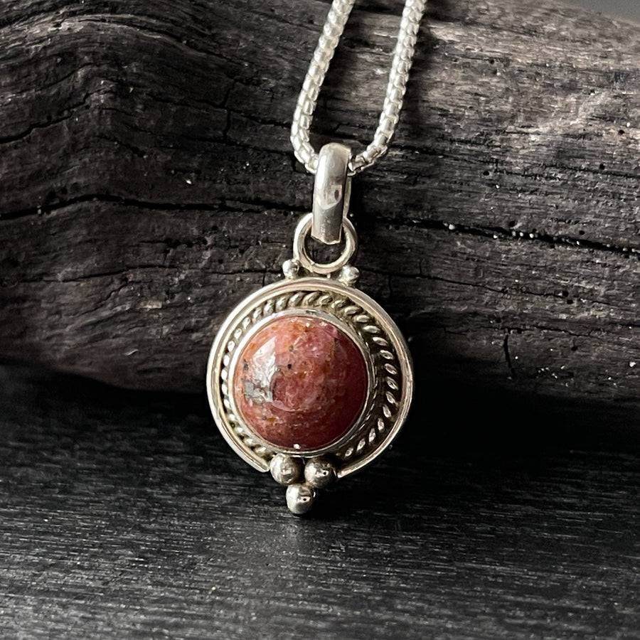 sterling silver rhodonite stone crystal pendant necklace