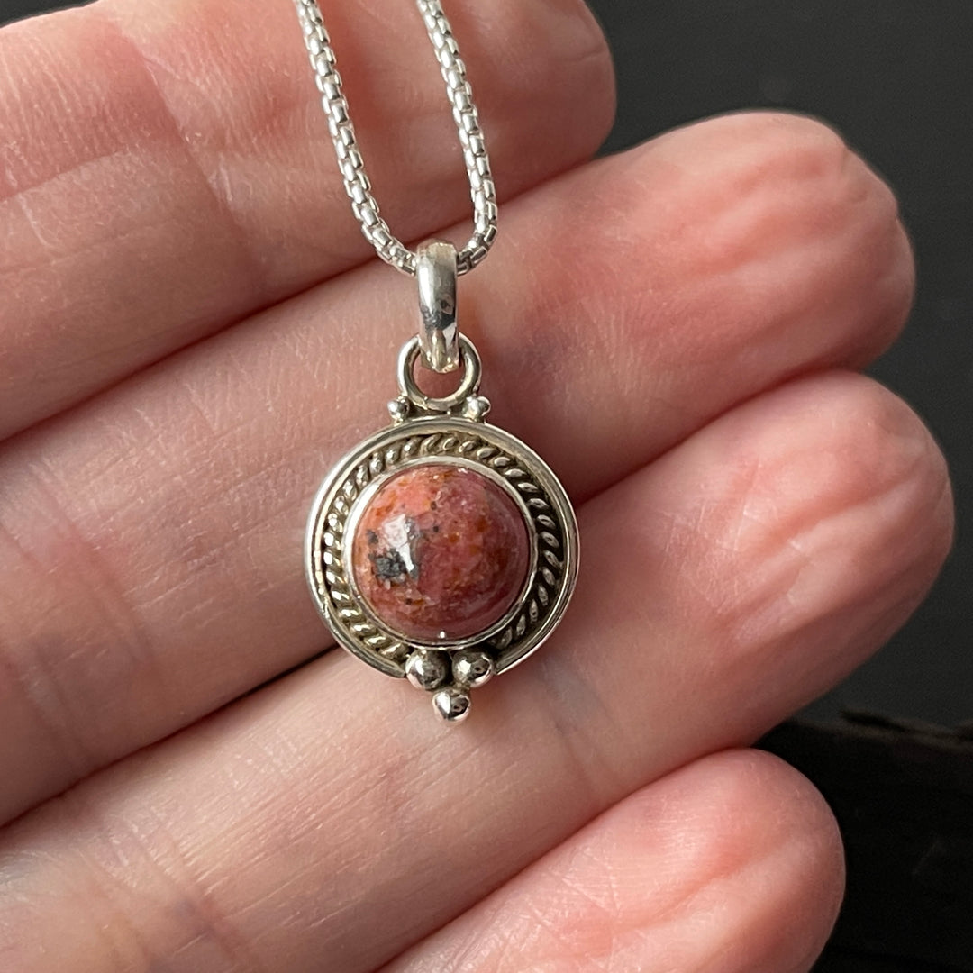sterling silver rhodonite stone crystal pendant necklace