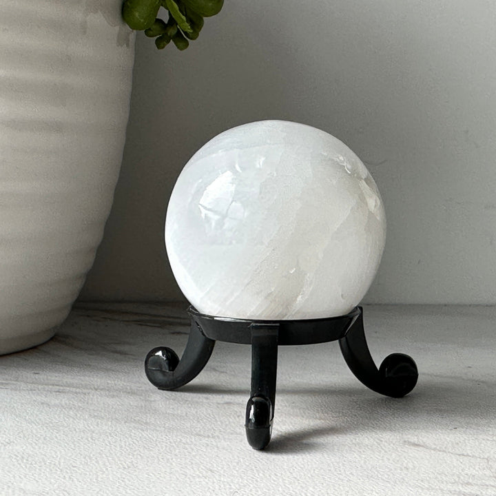 selenite stone sphere on stand