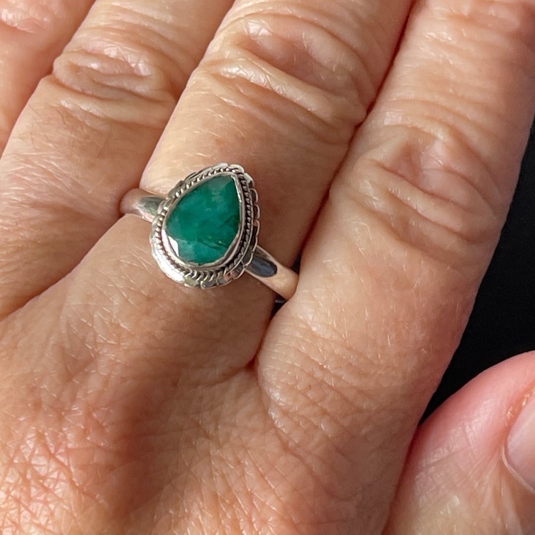 Emerald Sterling Silver Simple Faceted Ring