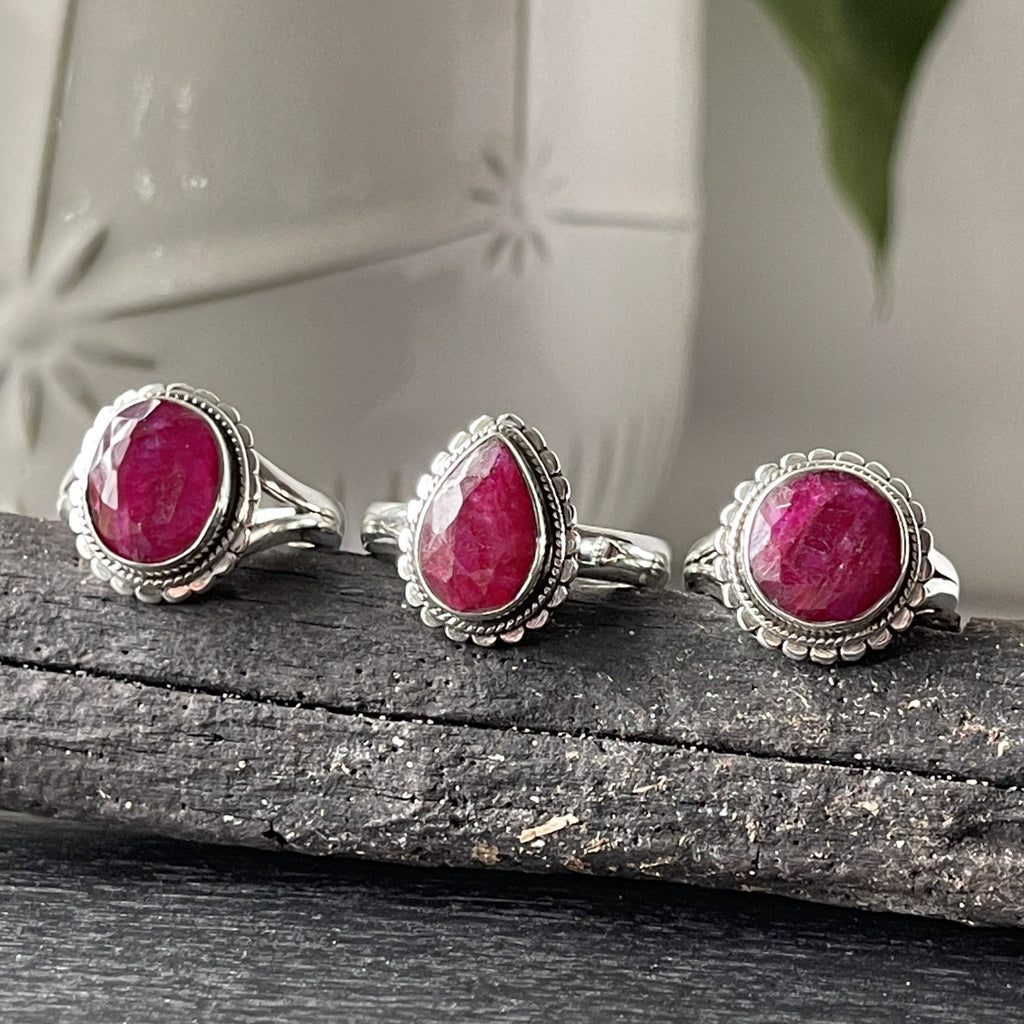 sterling silver faceted ruby simple crystal stone ring