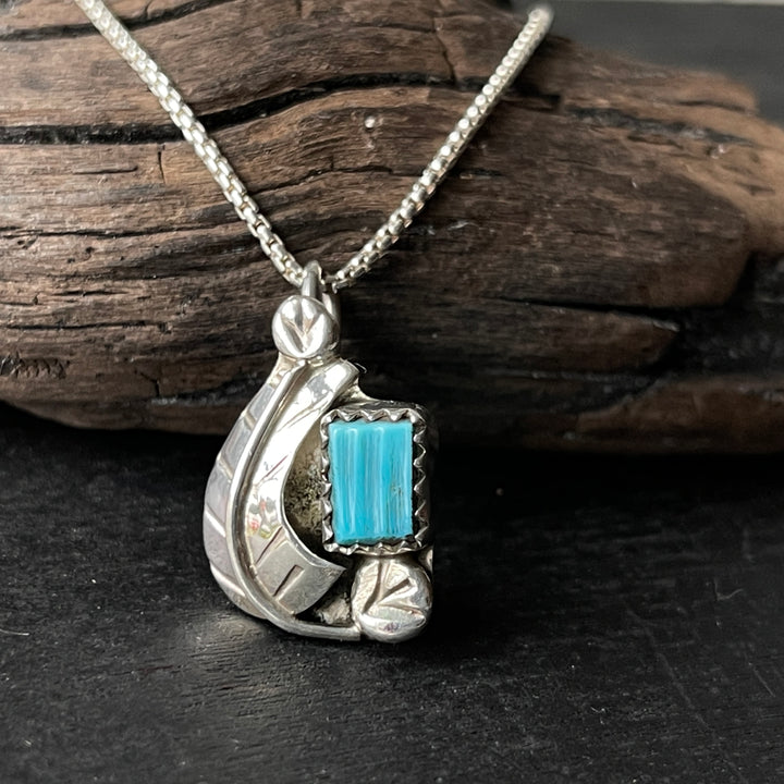 Turquoise Sterling Silver Leaf Pendant By Navajo Artist