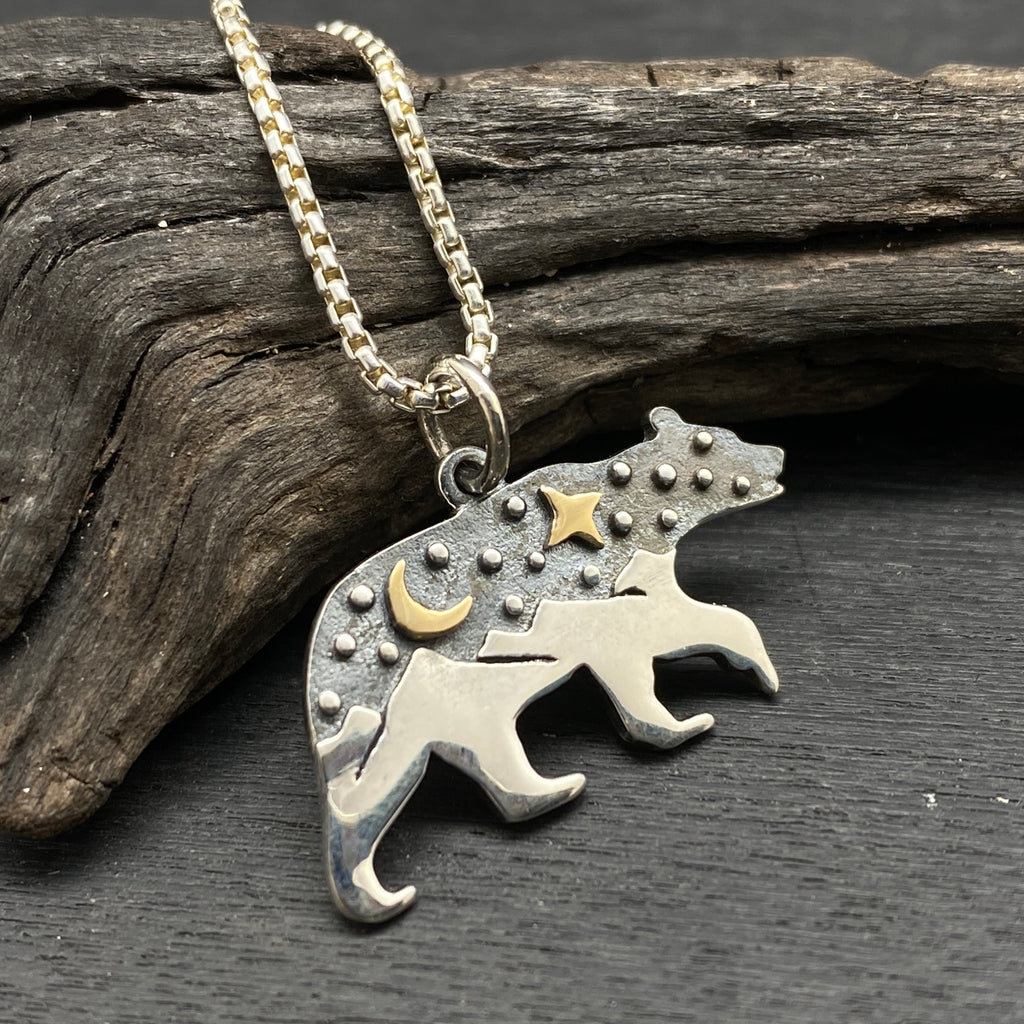 sterling silver mixed metals bear with mountain landscape night sky