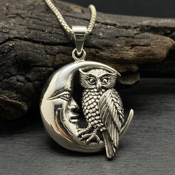 sterling silver owl resting on the moon pendant necklace