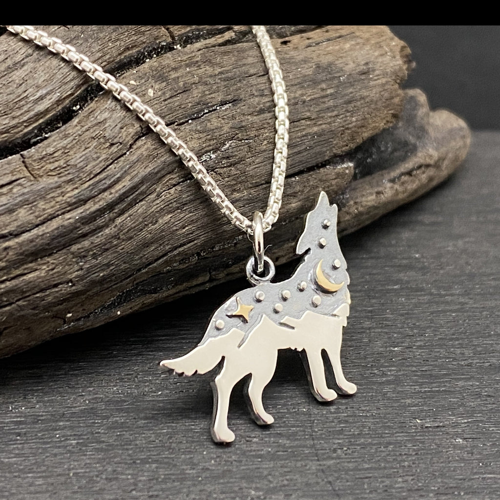 Sterling Silver Tri Tone Celestial Wolf Necklace With Mountains